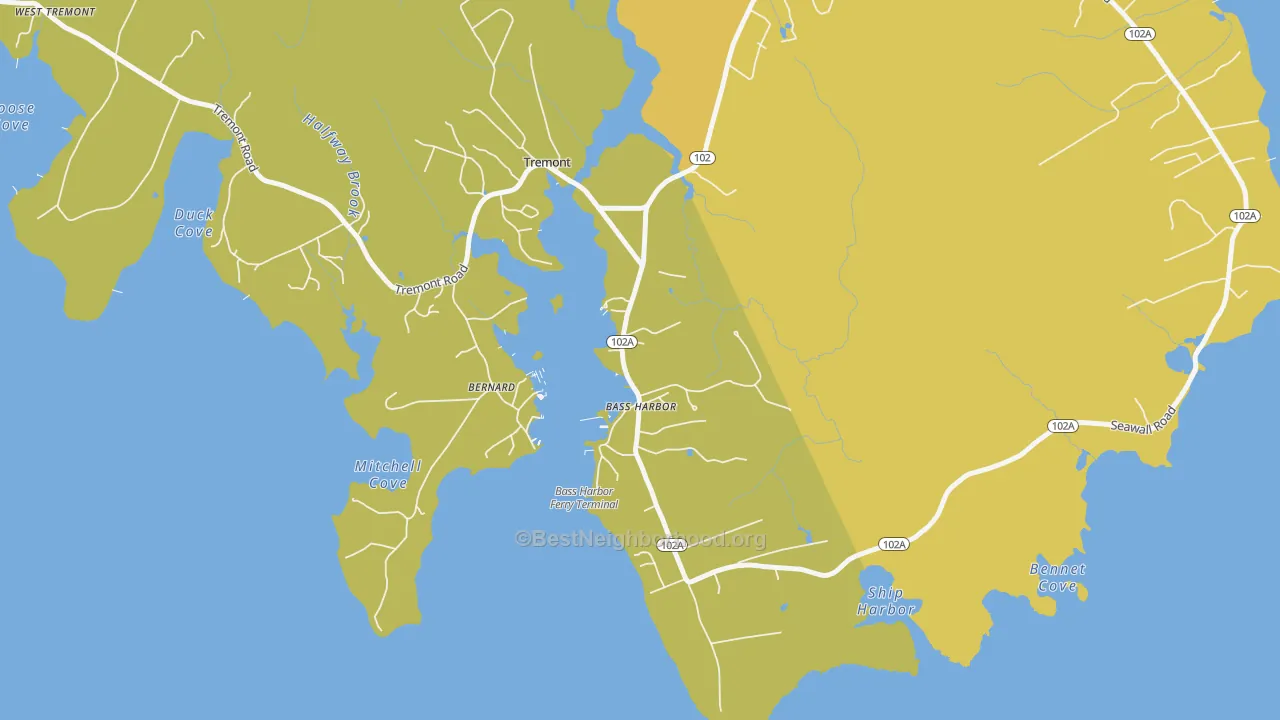 Map of the best neighborhoods in the Bass Harbor area, with better matches in green and worse matches in red