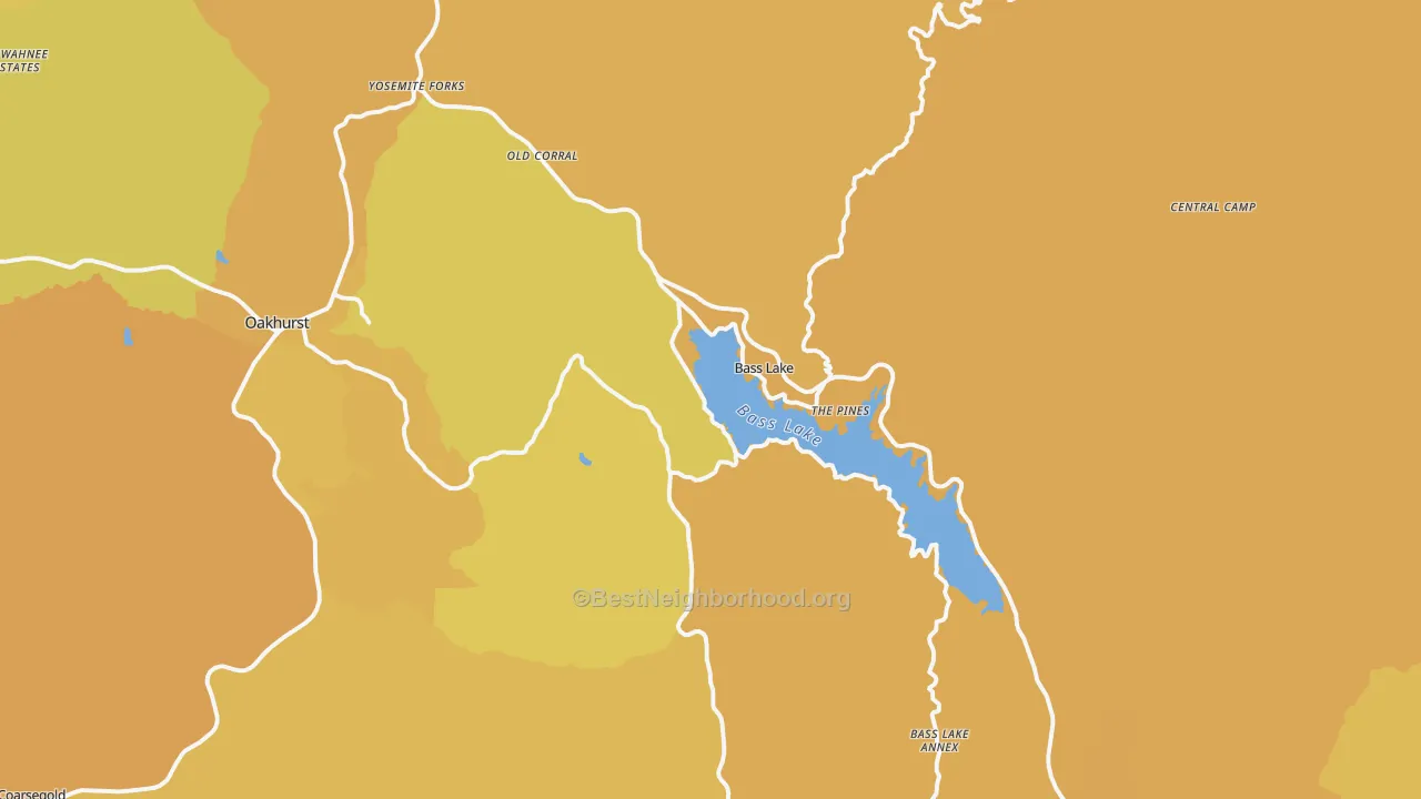 Map of the best neighborhoods in the Bass Lake area, with better matches in green and worse matches in red