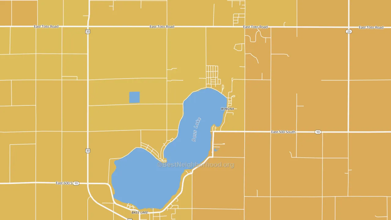 Map of the best neighborhoods in the Bass Lake area, with better matches in green and worse matches in red