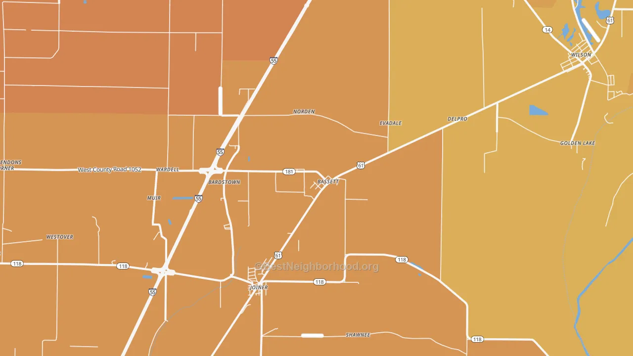 Map of the best neighborhoods in the Bassett area, with better matches in green and worse matches in red