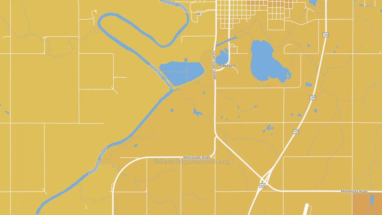 Map of the best neighborhoods in the Bassett area, with better matches in green and worse matches in red