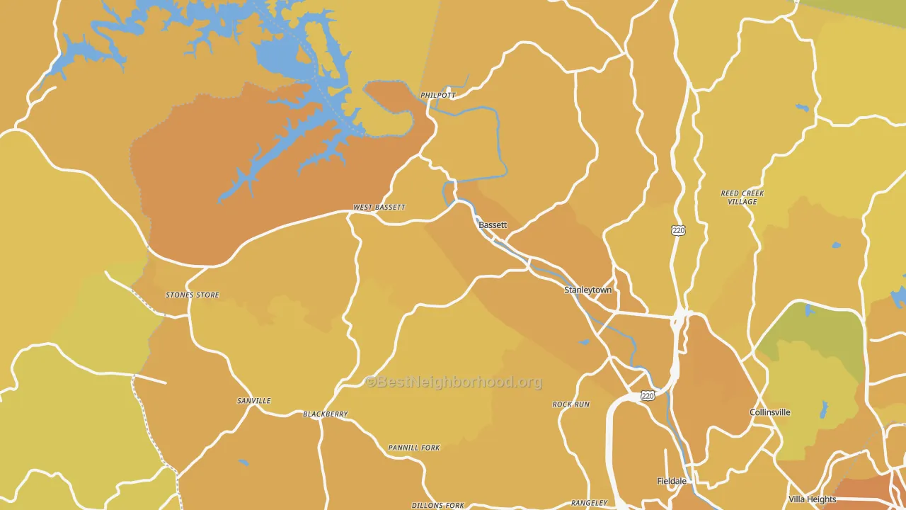 Map of the best neighborhoods in the Bassett area, with better matches in green and worse matches in red