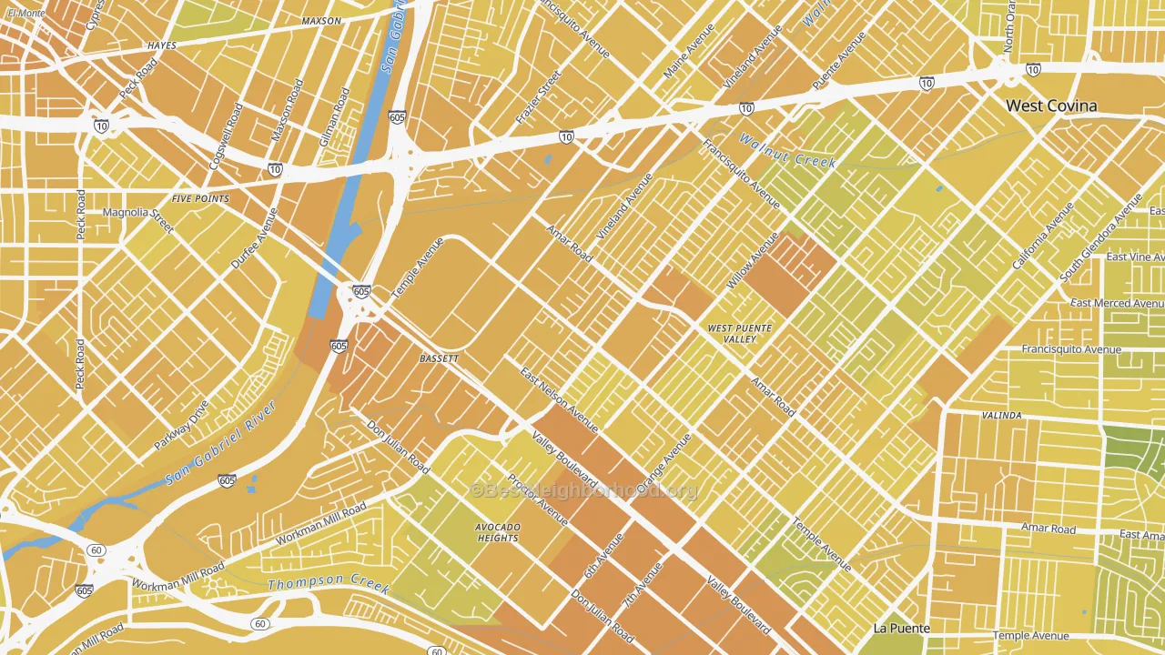 Map of the best neighborhoods in the Bassett, West Puente Valley area, with better matches in green and worse matches in red