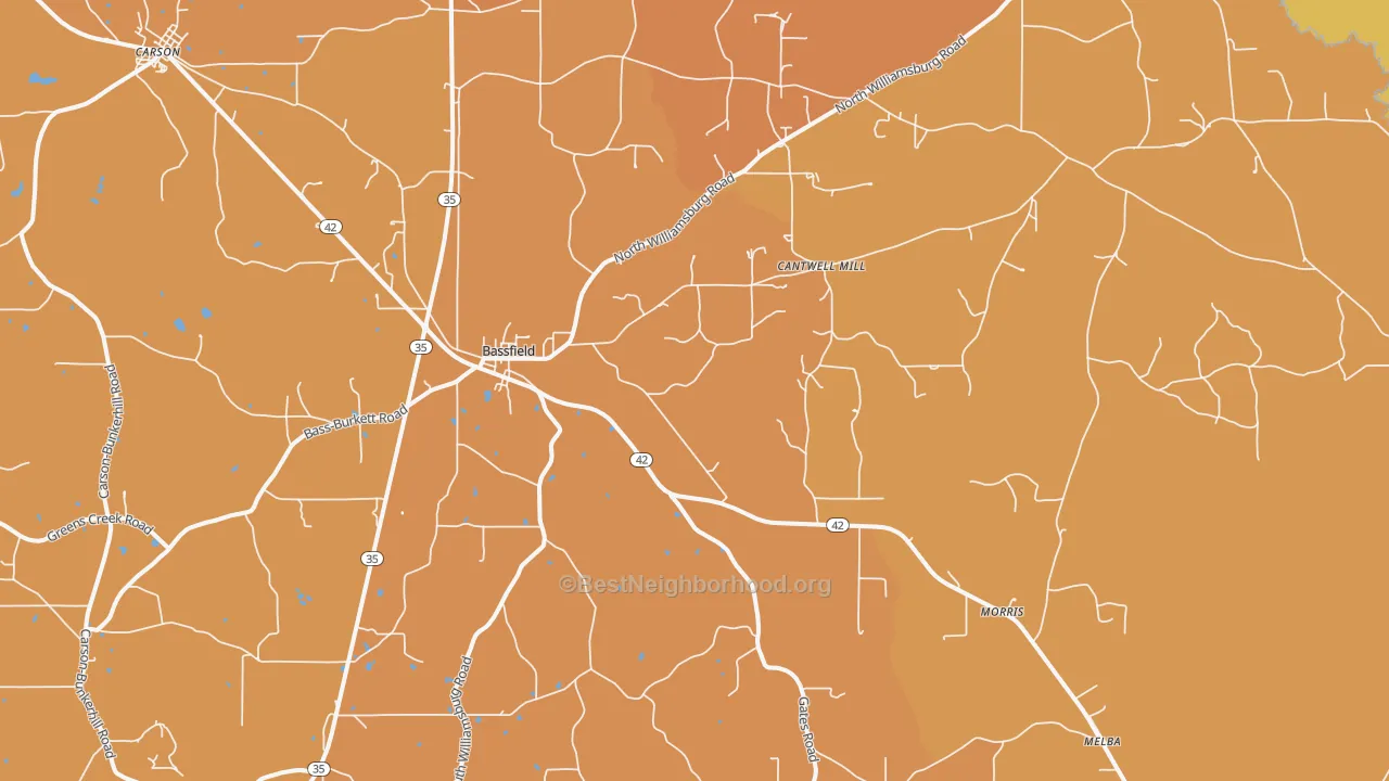 Map of the best neighborhoods in the Bassfield area, with better matches in green and worse matches in red