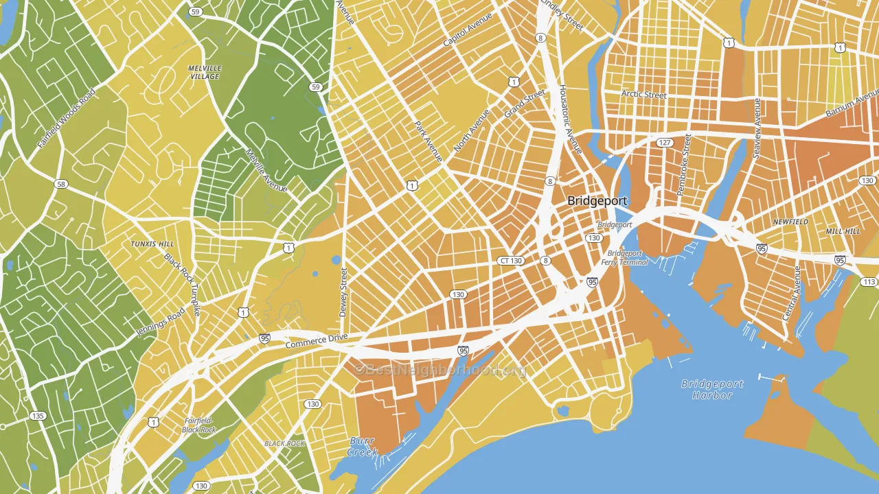 Map of the best neighborhoods in the Bassickville Historic District, Bridgeport area, with better matches in green and worse matches in red