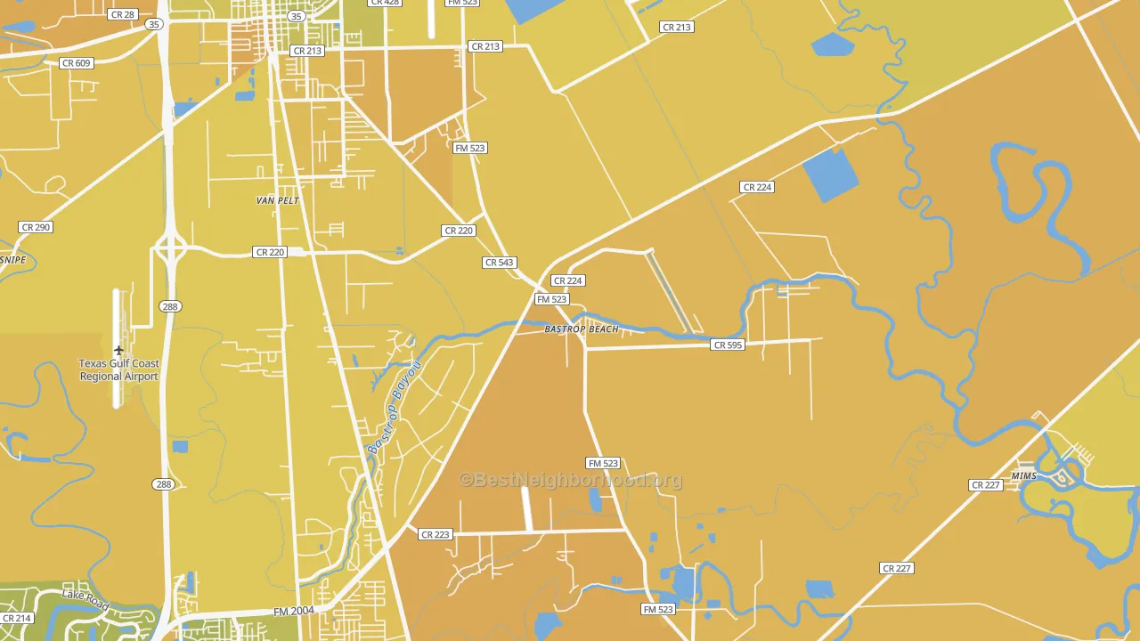 Map of the best neighborhoods in the Bastrop Beach area, with better matches in green and worse matches in red