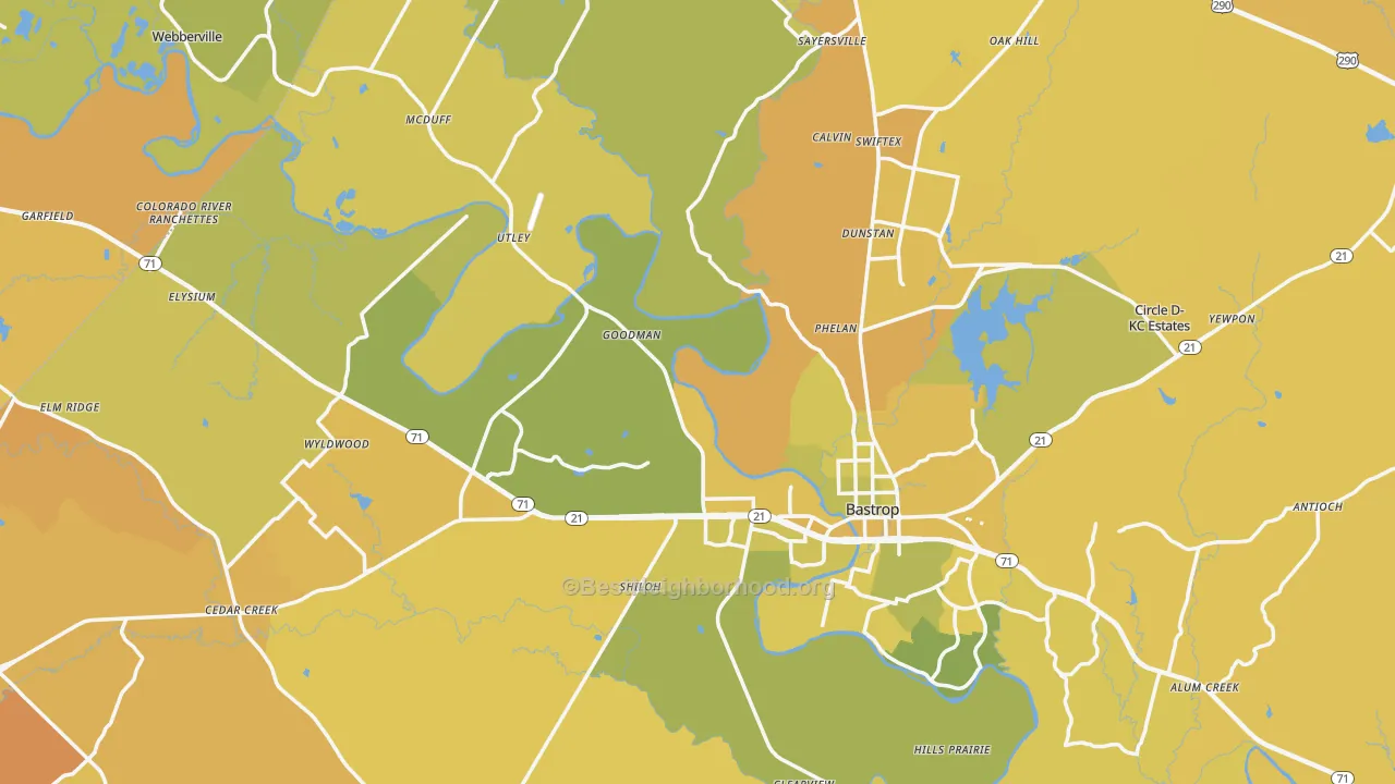 Map of the best neighborhoods in the Bastrop County area, with better matches in green and worse matches in red