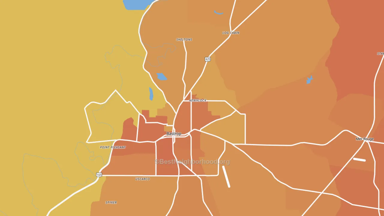 Map of the best neighborhoods in the Bastrop area, with better matches in green and worse matches in red