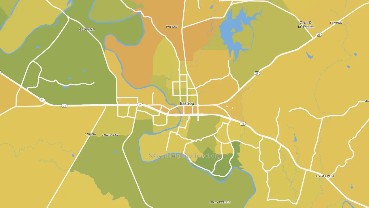 Map of the best neighborhoods in the Bastrop area, with better matches in green and worse matches in red