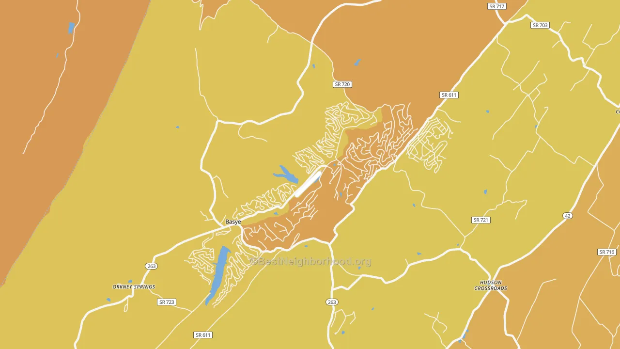 Map of the best neighborhoods in the Basye area, with better matches in green and worse matches in red