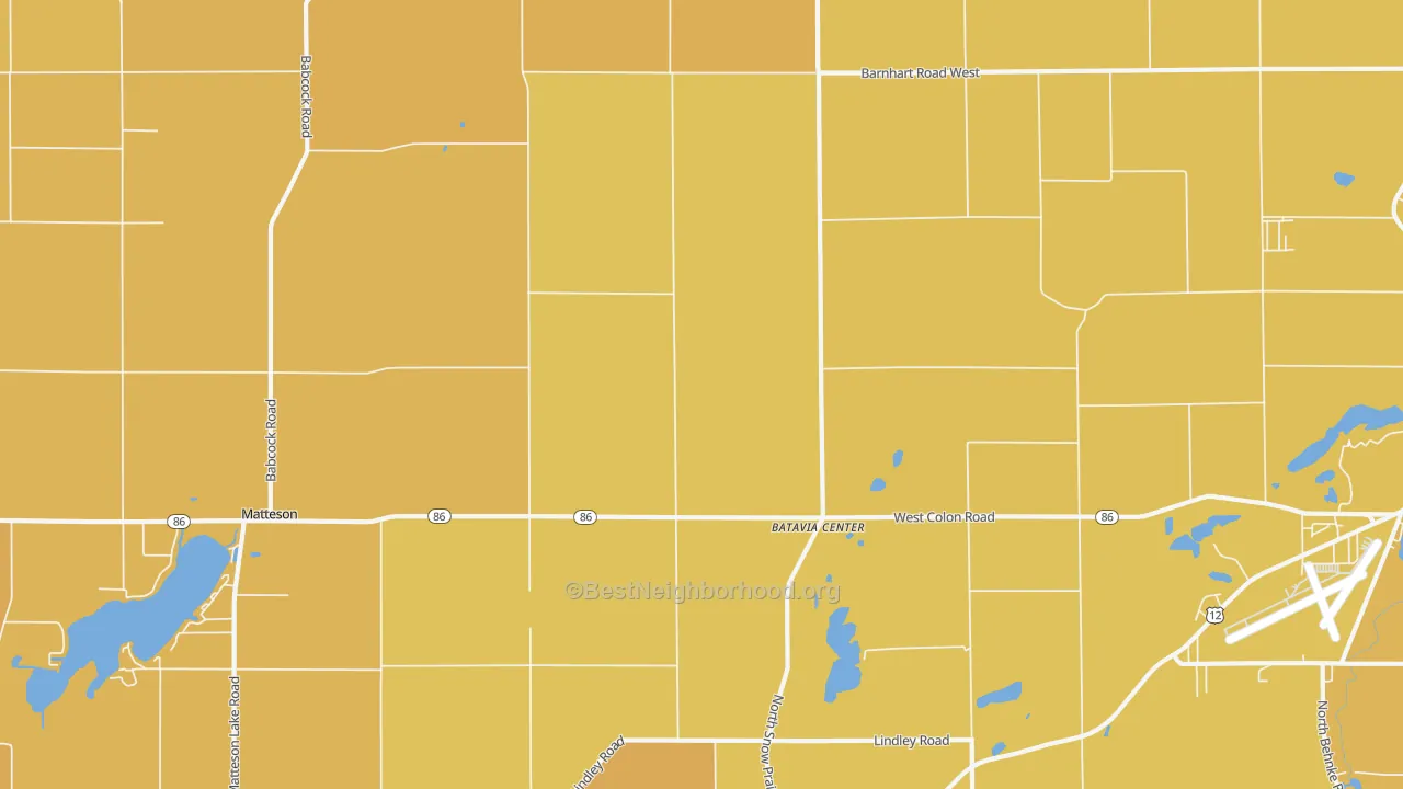 Map of the best neighborhoods in the Batavia Center area, with better matches in green and worse matches in red