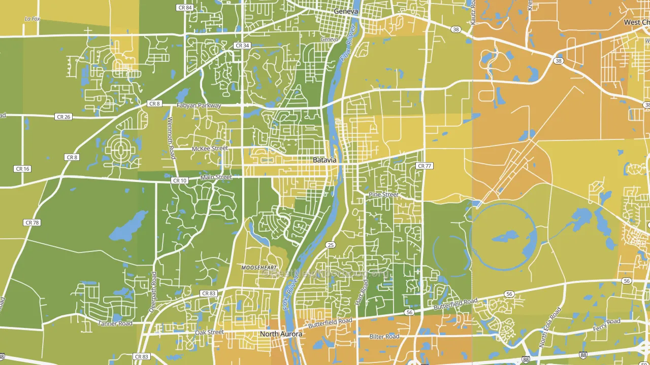 Map of the best neighborhoods in the Batavia area, with better matches in green and worse matches in red