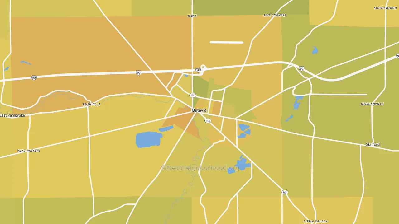 Map of the best neighborhoods in the Batavia area, with better matches in green and worse matches in red