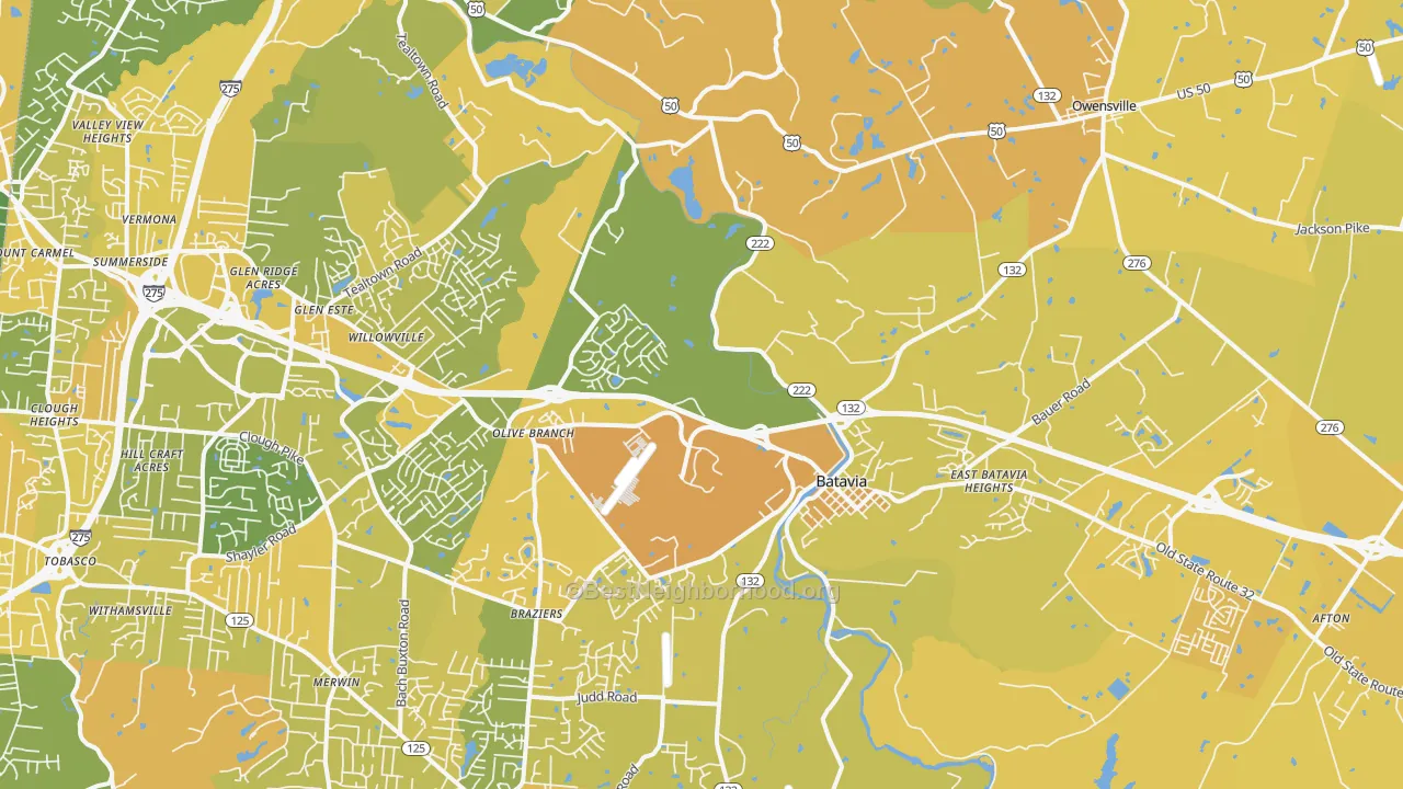 Map of the best neighborhoods in the Batavia area, with better matches in green and worse matches in red