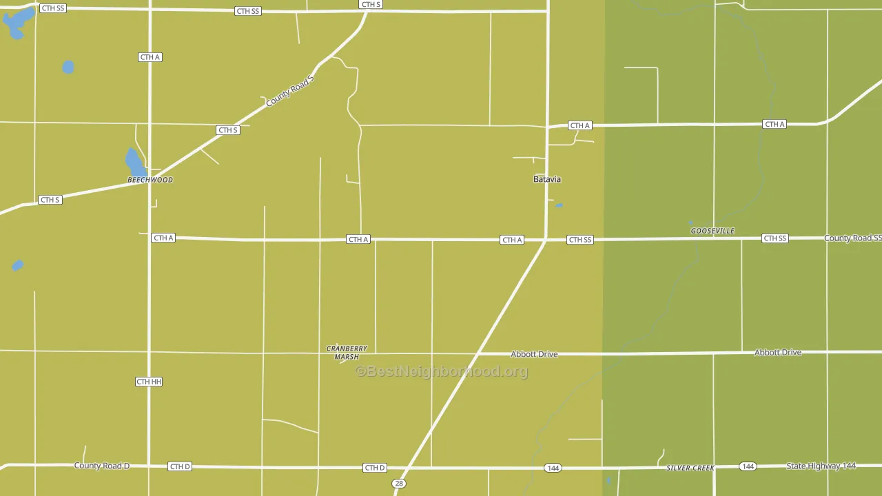 Map of the best neighborhoods in the Batavia area, with better matches in green and worse matches in red