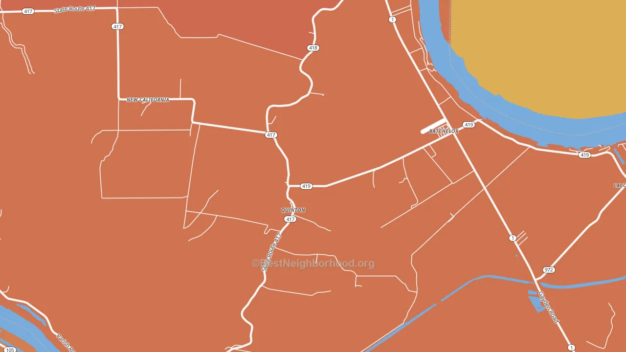 Map of the best neighborhoods in the Batchelor area, with better matches in green and worse matches in red