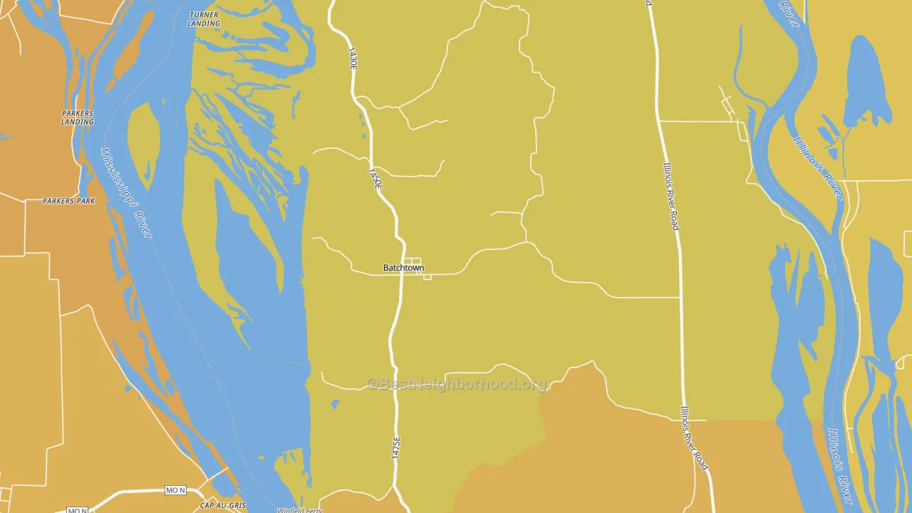 Map of the best neighborhoods in the Batchtown area, with better matches in green and worse matches in red