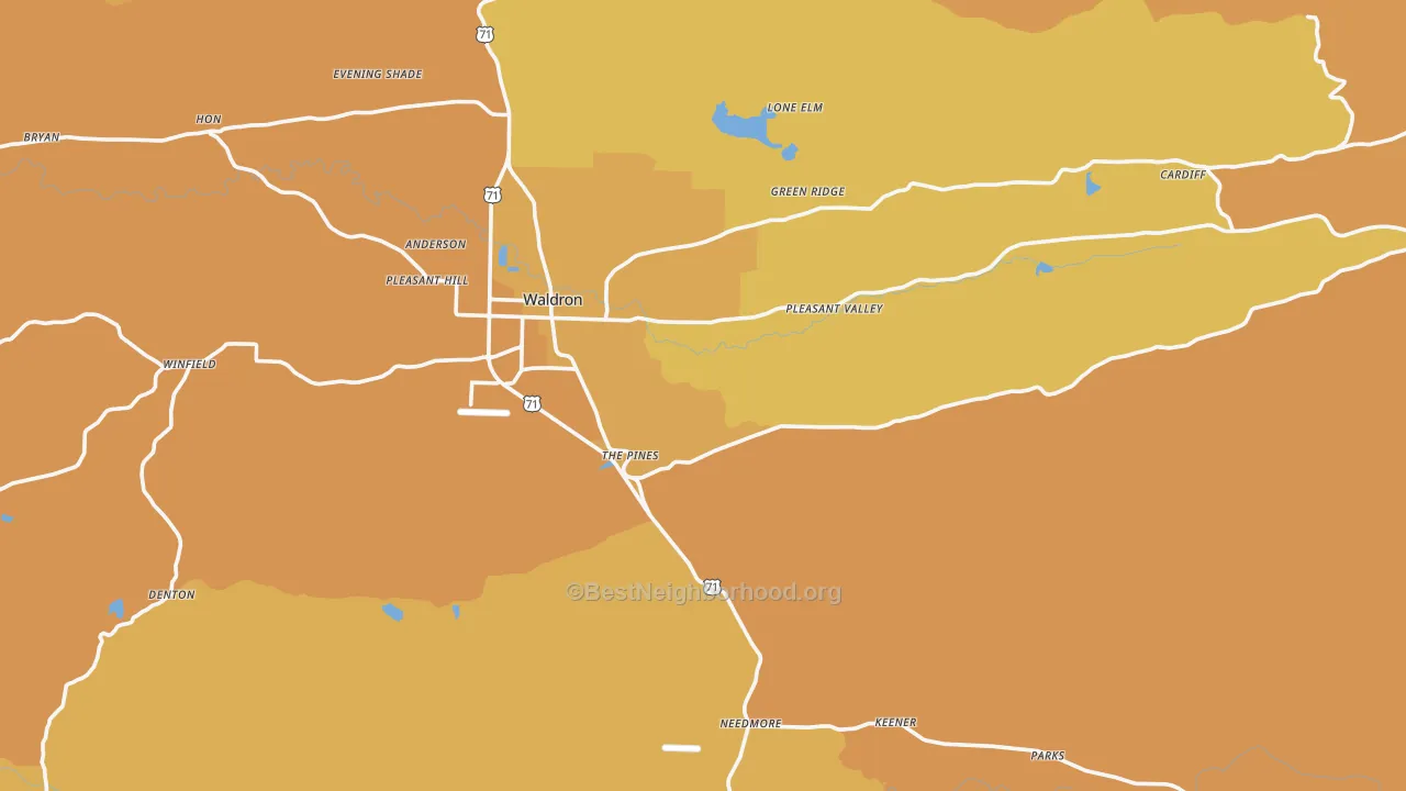 Map of the best neighborhoods in the Bates area, with better matches in green and worse matches in red
