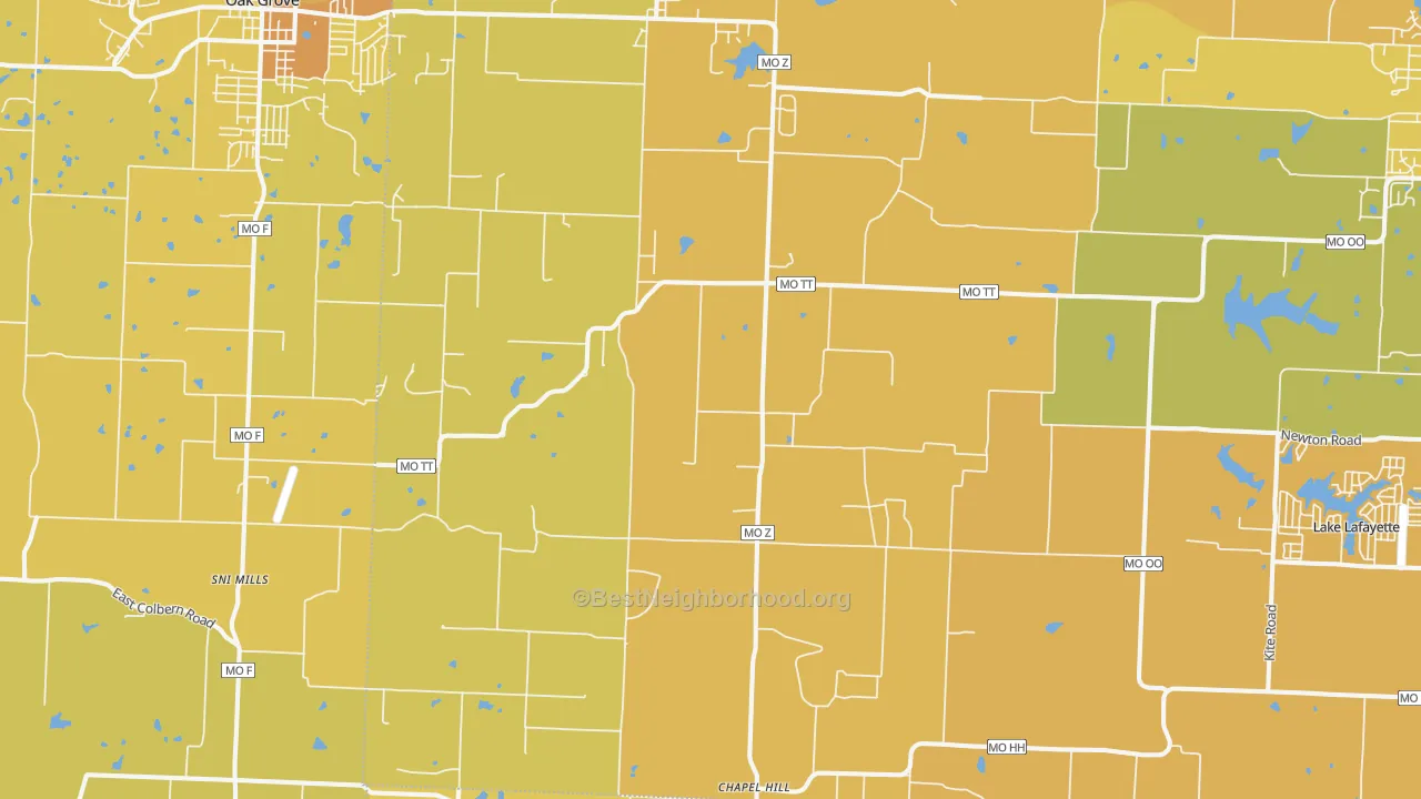Map of the best neighborhoods in the Bates City area, with better matches in green and worse matches in red