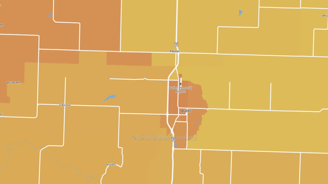 Map of the best neighborhoods in the Bates County area, with better matches in green and worse matches in red