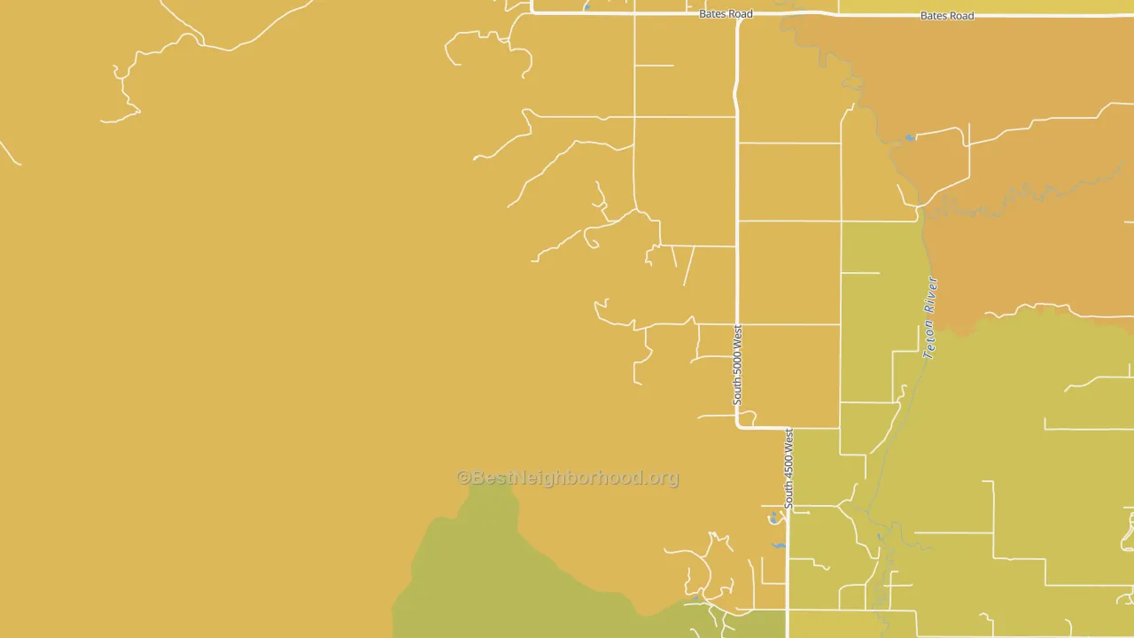 Map of the best neighborhoods in the Bates area, with better matches in green and worse matches in red