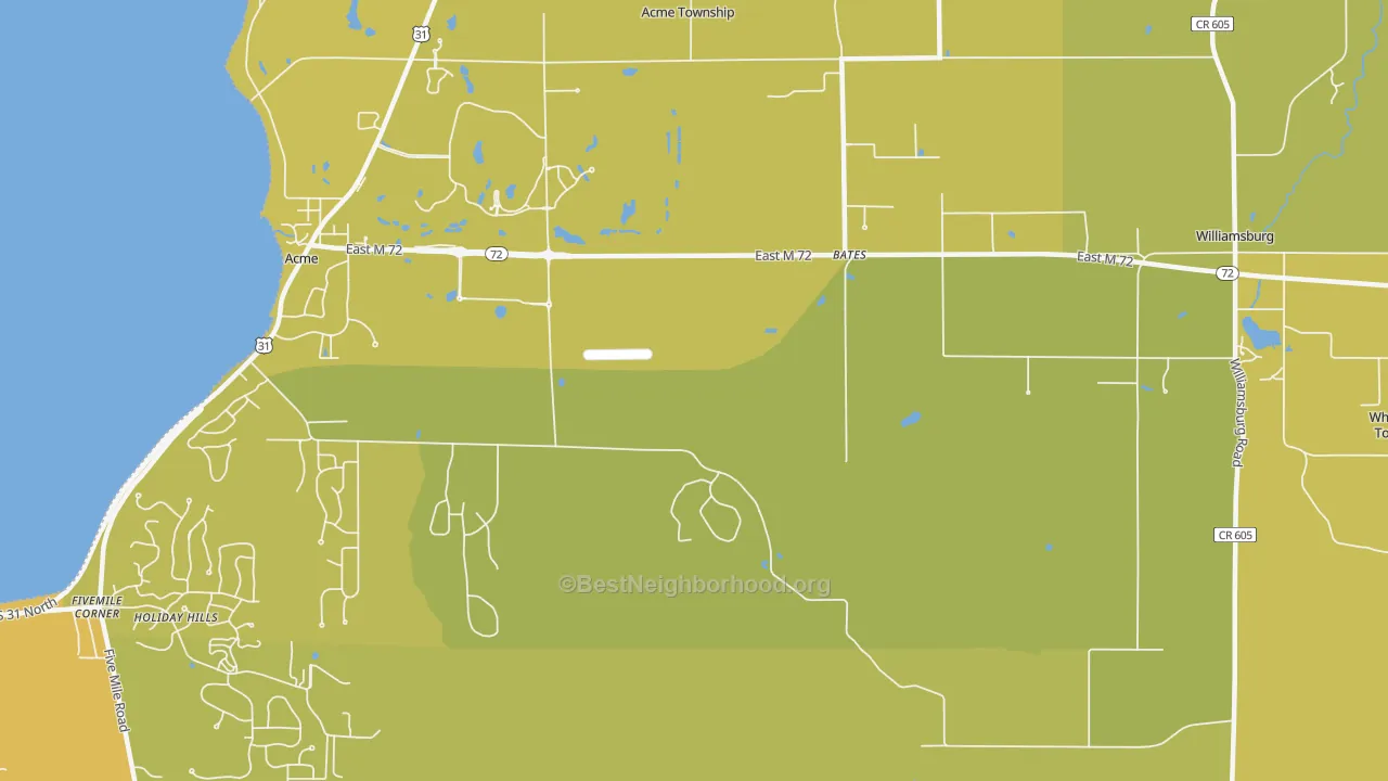 Map of the best neighborhoods in the Bates area, with better matches in green and worse matches in red