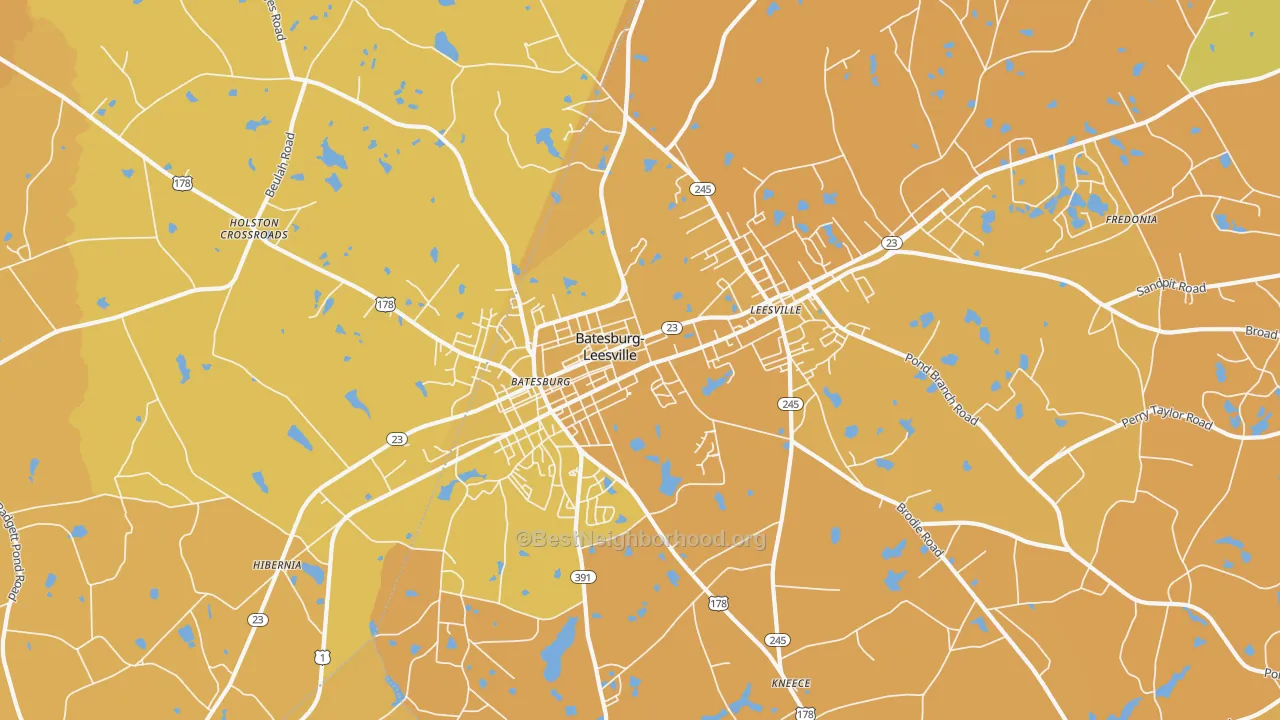 Map of the best neighborhoods in the Batesburg-Leesville area, with better matches in green and worse matches in red
