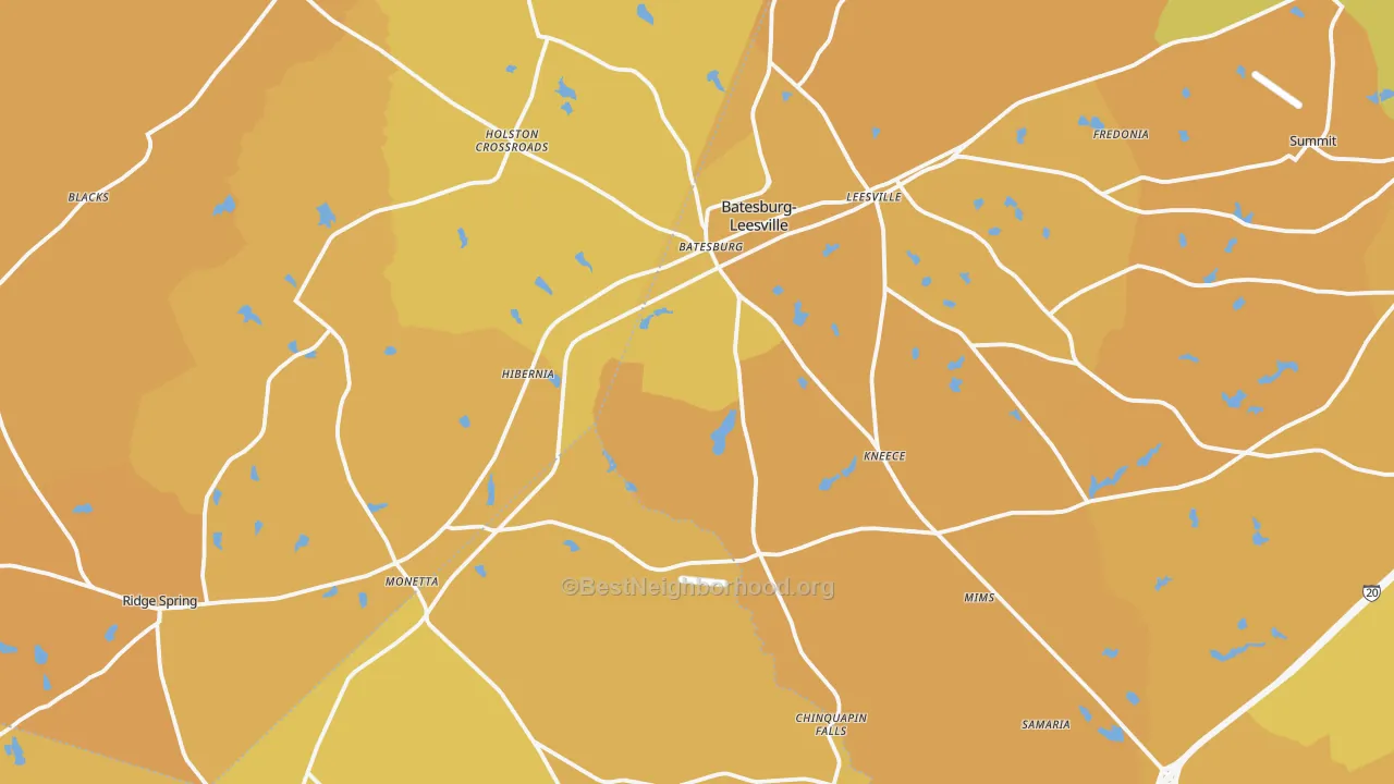 Map of the best neighborhoods in the Batesburg area, with better matches in green and worse matches in red