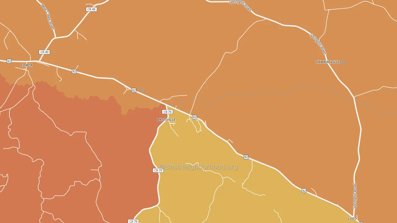 Map of the best neighborhoods in the Batesville area, with better matches in green and worse matches in red