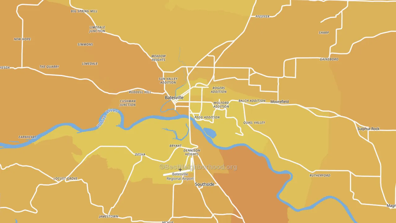 Map of the best neighborhoods in the Batesville area, with better matches in green and worse matches in red