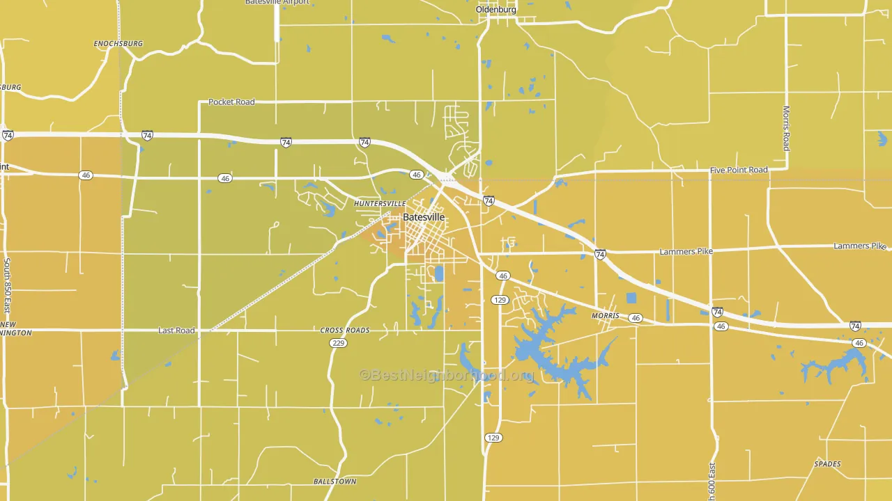 Map of the best neighborhoods in the Batesville area, with better matches in green and worse matches in red