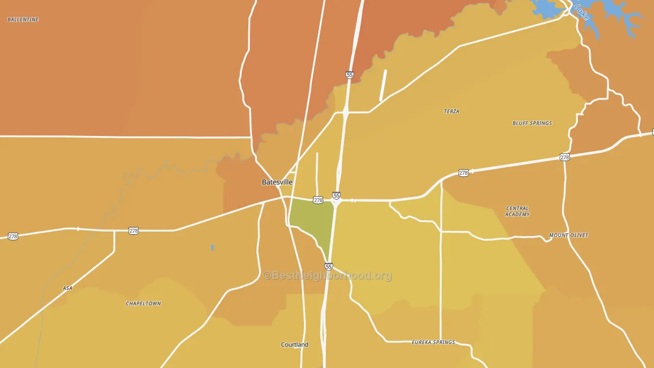 Map of the best neighborhoods in the Batesville area, with better matches in green and worse matches in red