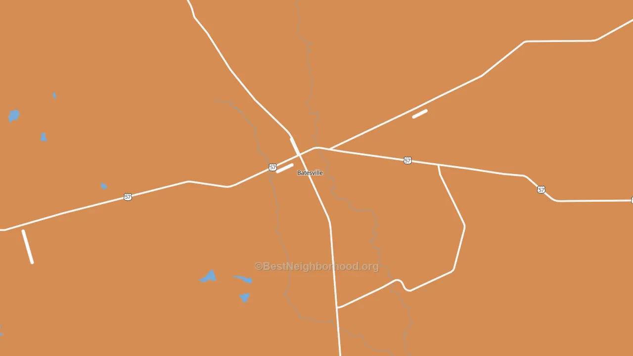 Map of the best neighborhoods in the Batesville area, with better matches in green and worse matches in red