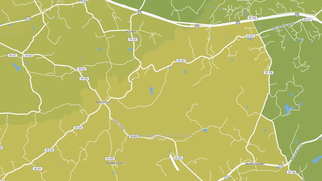 Map of the best neighborhoods in the Batesville area, with better matches in green and worse matches in red