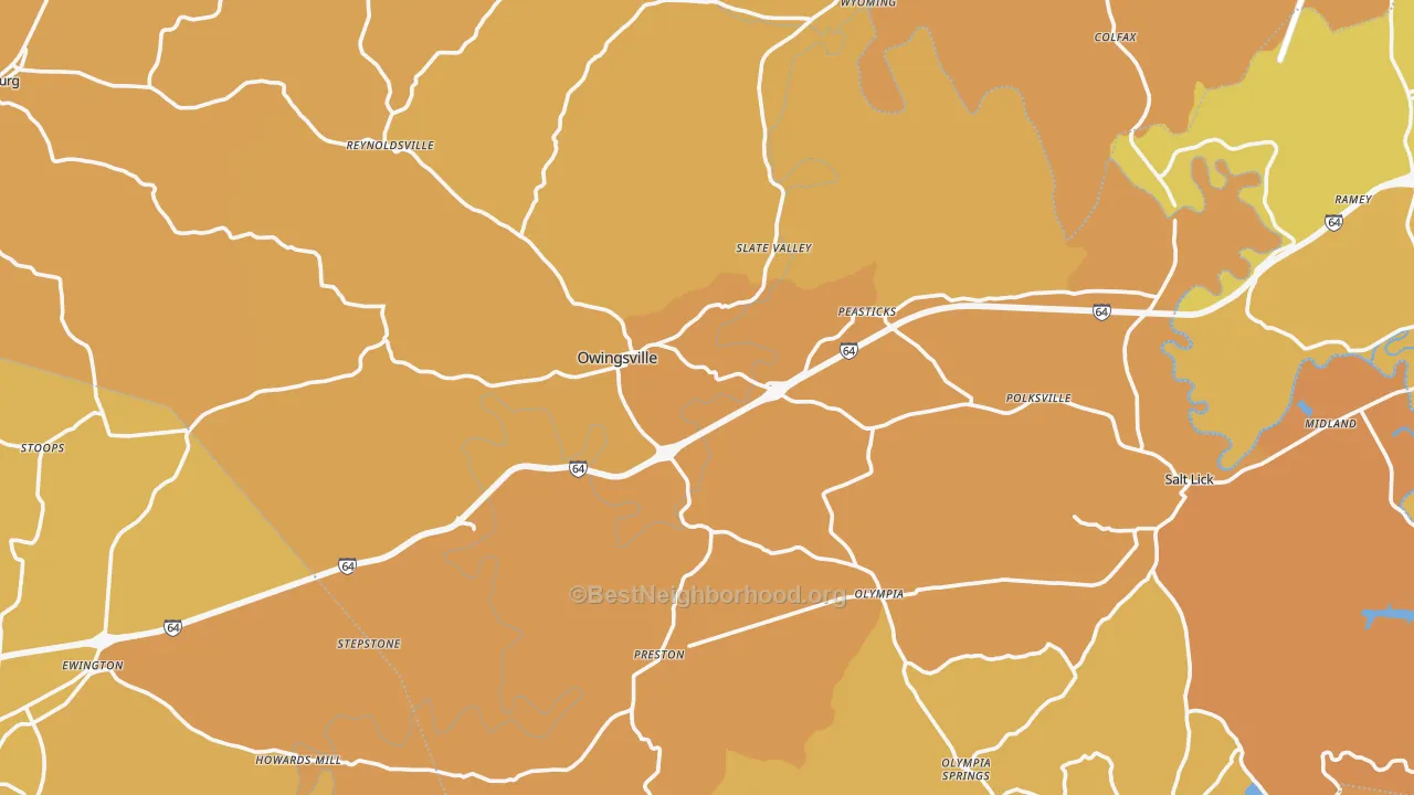 Map of the best neighborhoods in the Bath County area, with better matches in green and worse matches in red