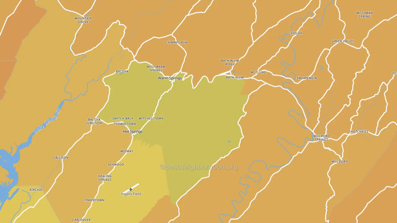 Map of the best neighborhoods in the Bath County area, with better matches in green and worse matches in red