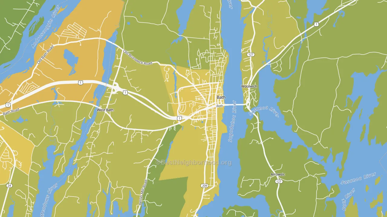 Map of the best neighborhoods in the Bath area, with better matches in green and worse matches in red