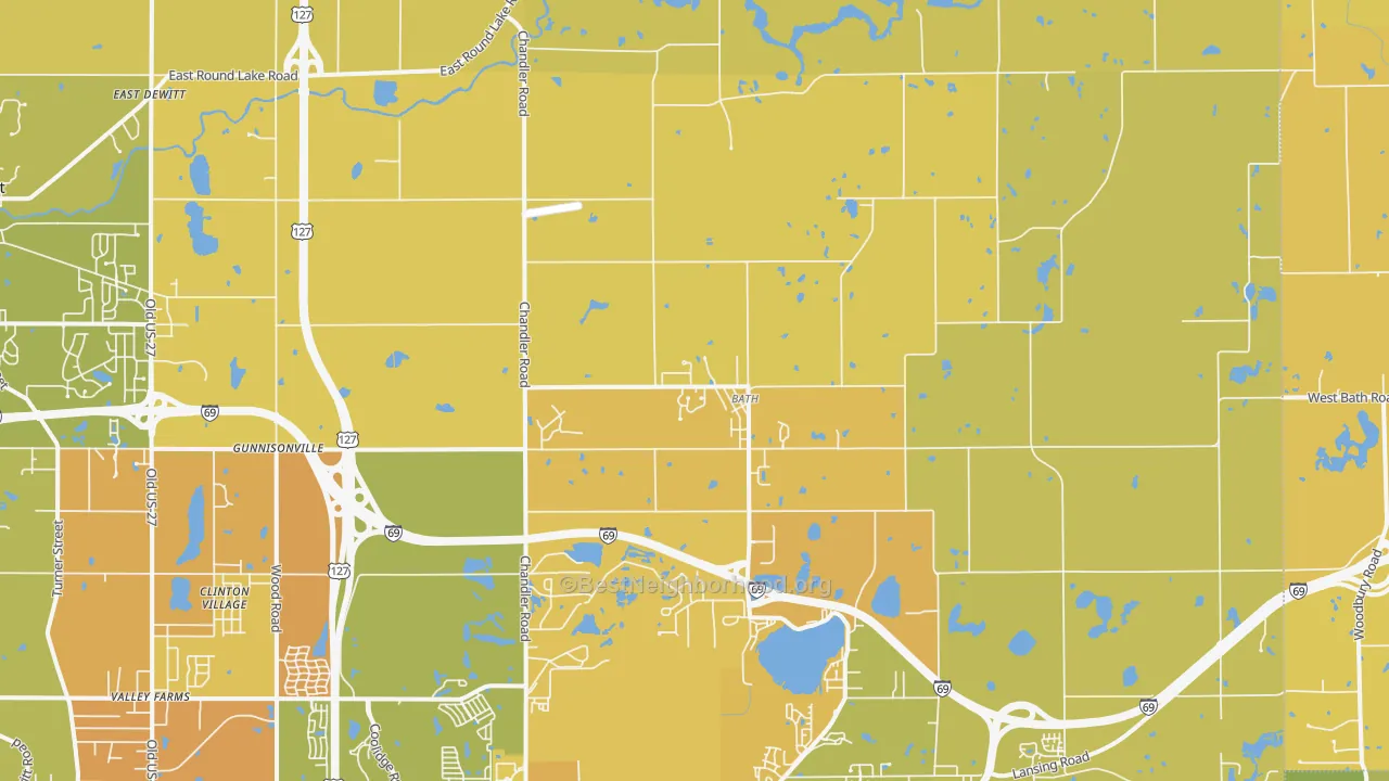 Map of the best neighborhoods in the Bath area, with better matches in green and worse matches in red