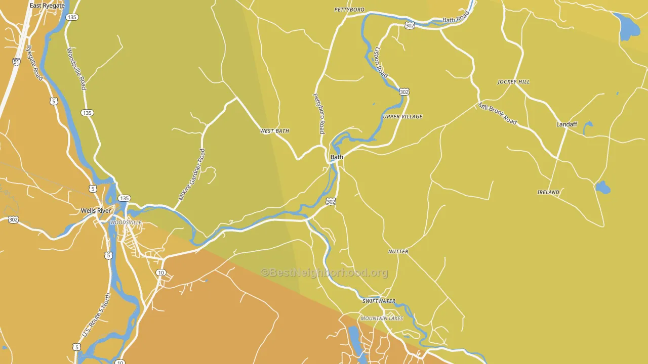 Map of the best neighborhoods in the Bath area, with better matches in green and worse matches in red