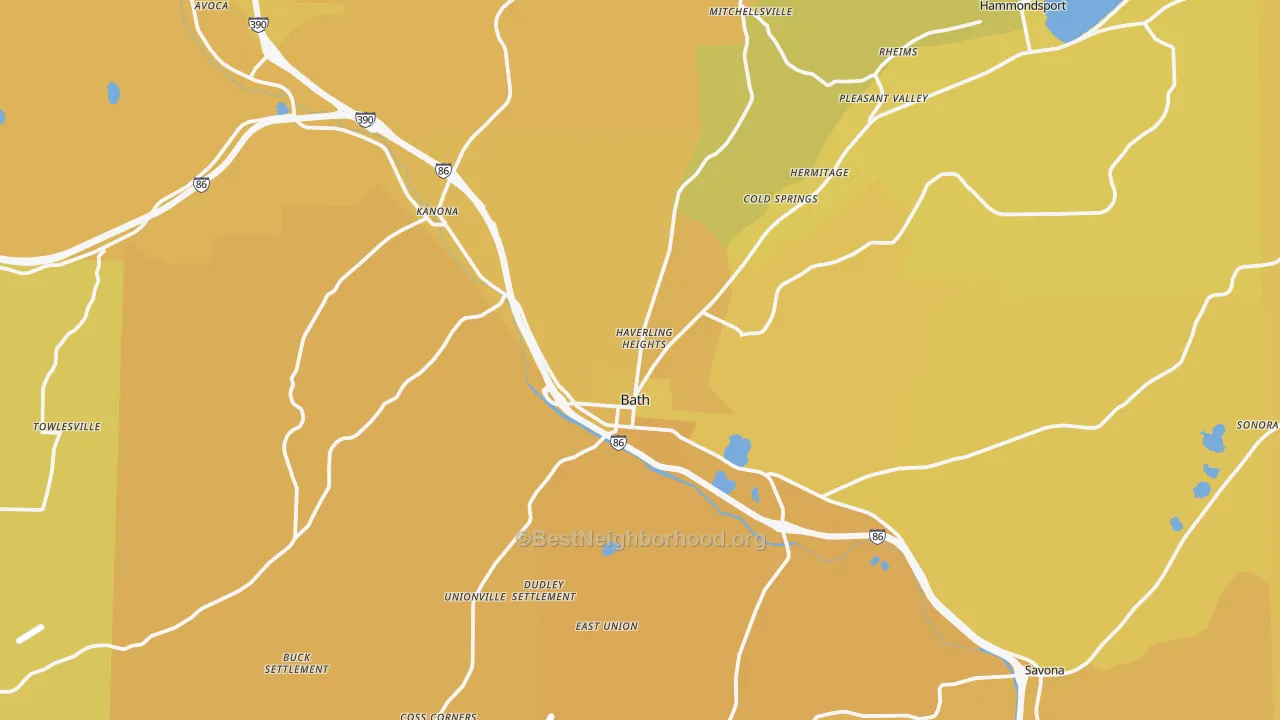Map of the best neighborhoods in the Bath area, with better matches in green and worse matches in red