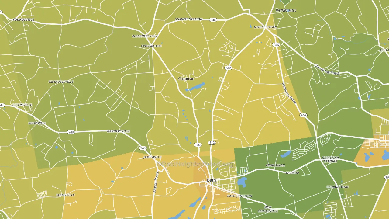 Map of the best neighborhoods in the Bath area, with better matches in green and worse matches in red