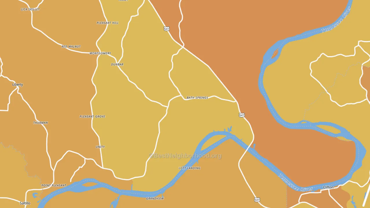 Map of the best neighborhoods in the Bath Springs area, with better matches in green and worse matches in red
