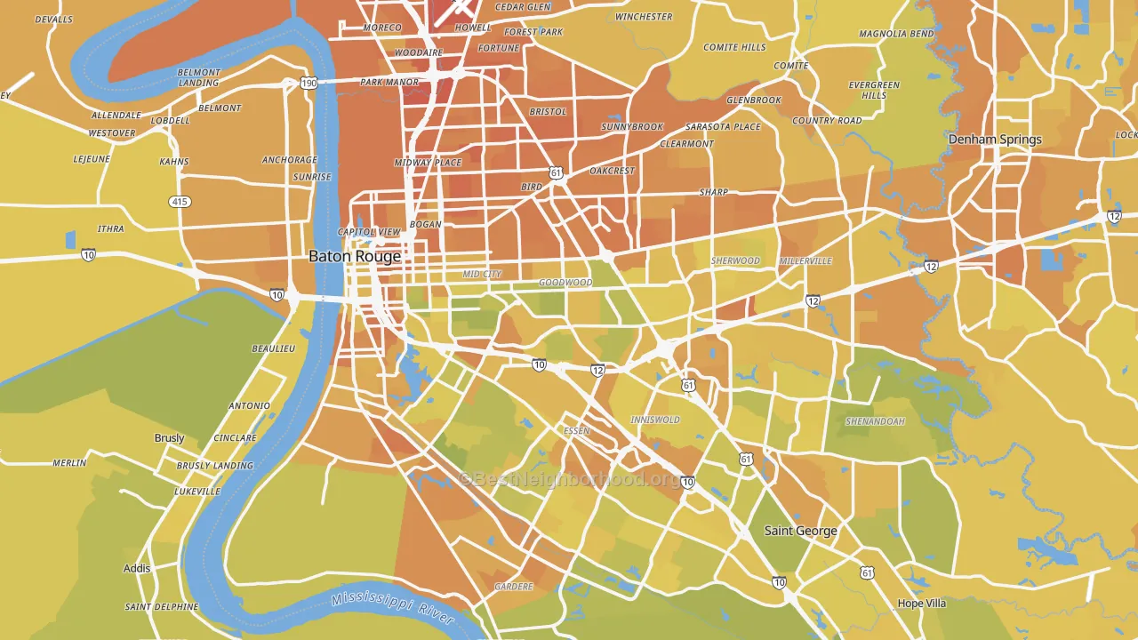 Map of the best neighborhoods in the Baton Rouge Metro area, with better matches in green and worse matches in red