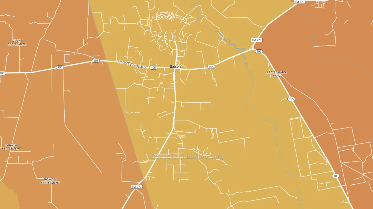 Map of the best neighborhoods in the Batson area, with better matches in green and worse matches in red