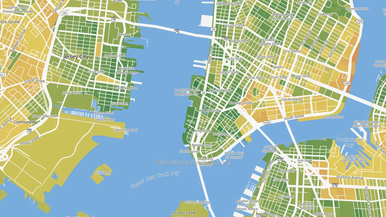 Map of the best neighborhoods in the Battery Park, Manhattan area, with better matches in green and worse matches in red