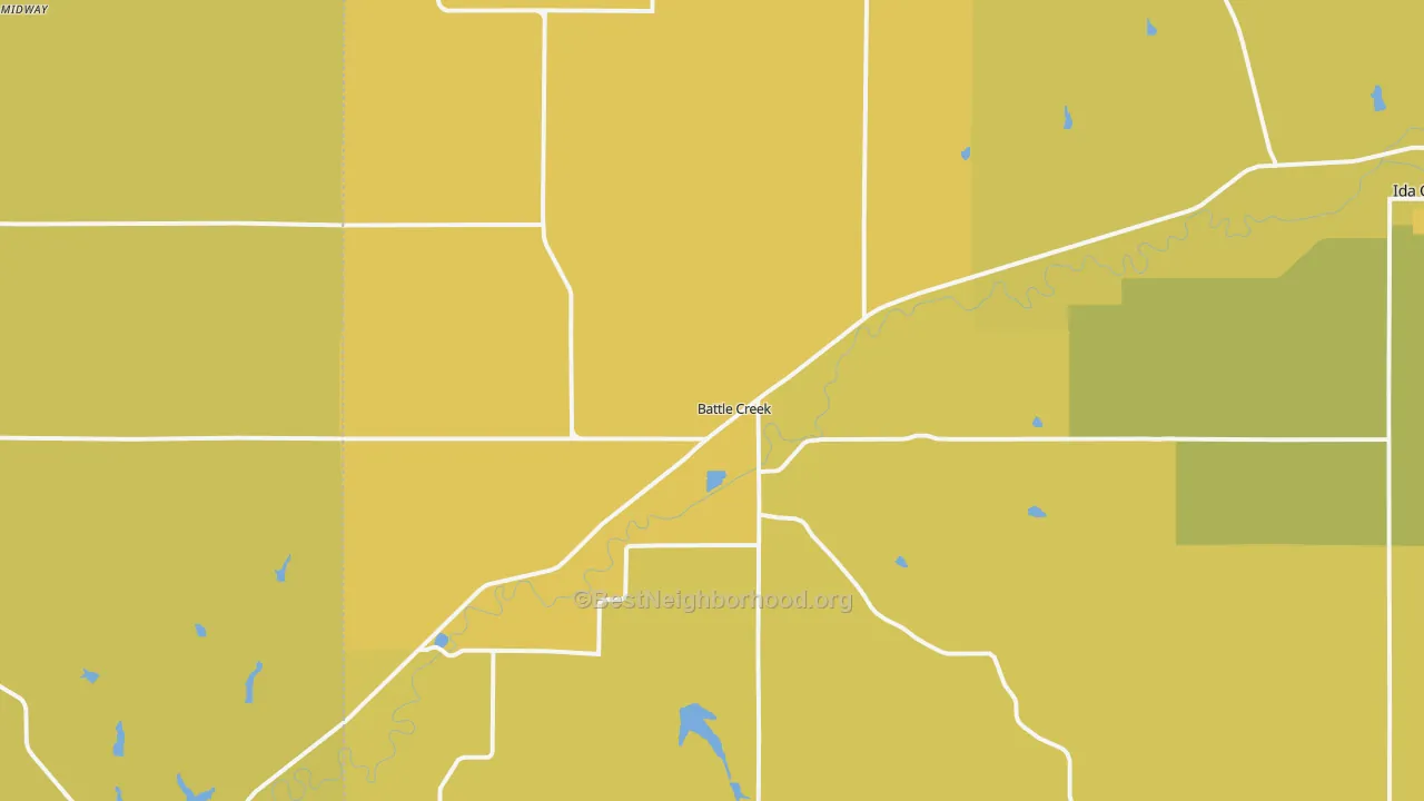 Map of the best neighborhoods in the Battle Creek area, with better matches in green and worse matches in red
