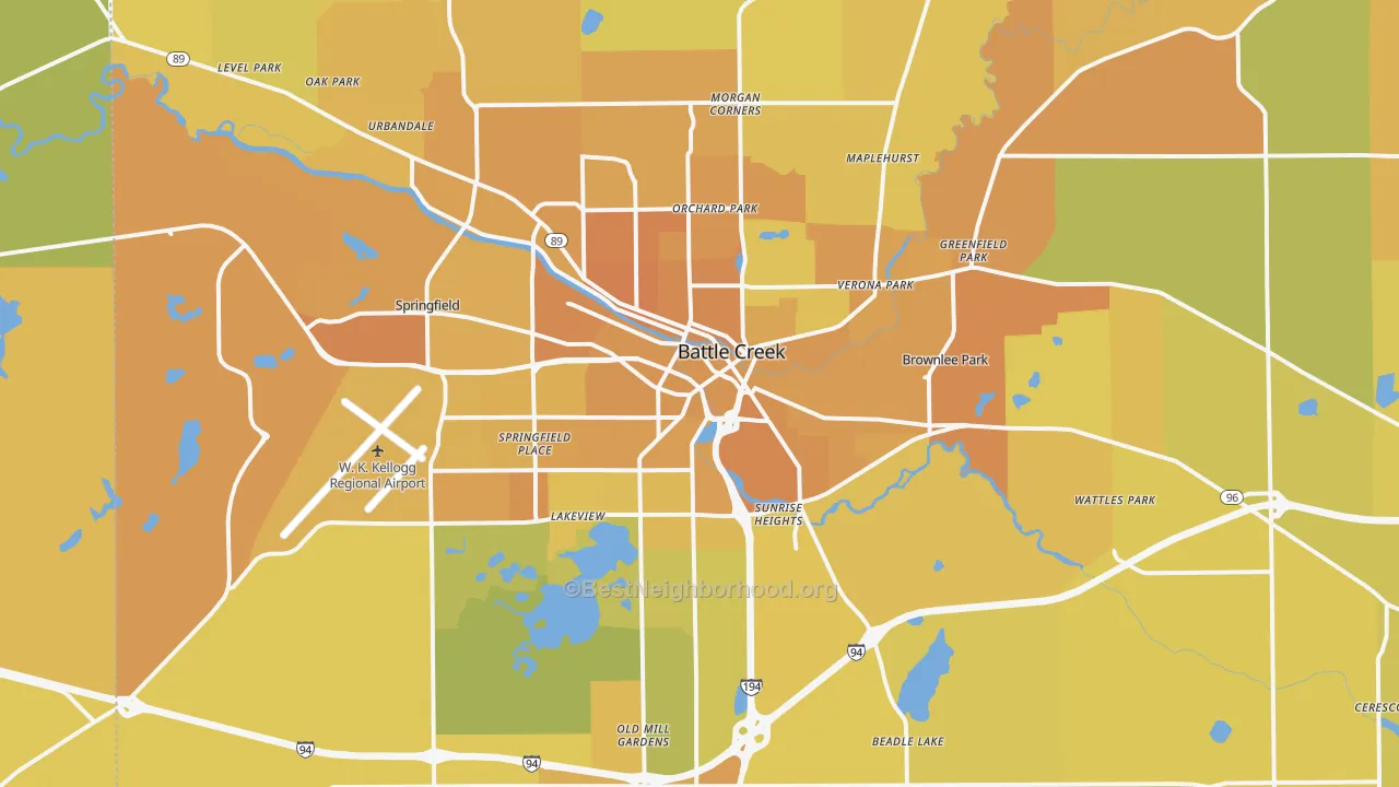 Map of the best neighborhoods in the Battle Creek Metro area, with better matches in green and worse matches in red