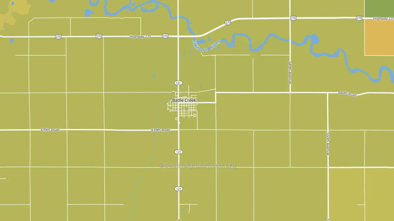 Map of the best neighborhoods in the Battle Creek area, with better matches in green and worse matches in red