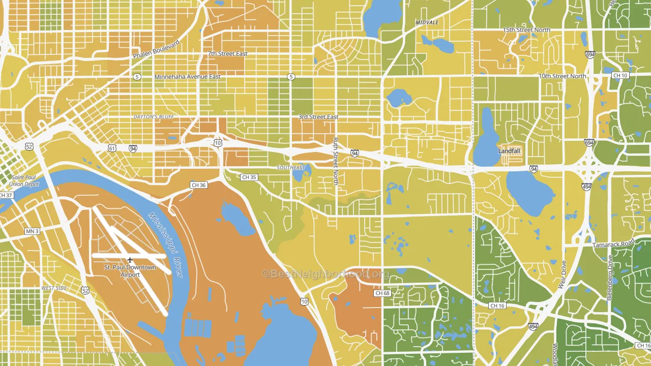 Map of the best neighborhoods in the Battle Creek, St. Paul area, with better matches in green and worse matches in red