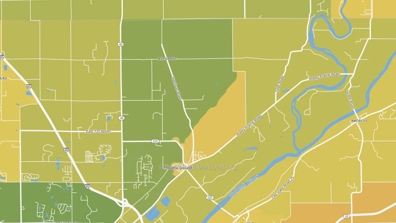 Map of the best neighborhoods in the Battle Ground area, with better matches in green and worse matches in red